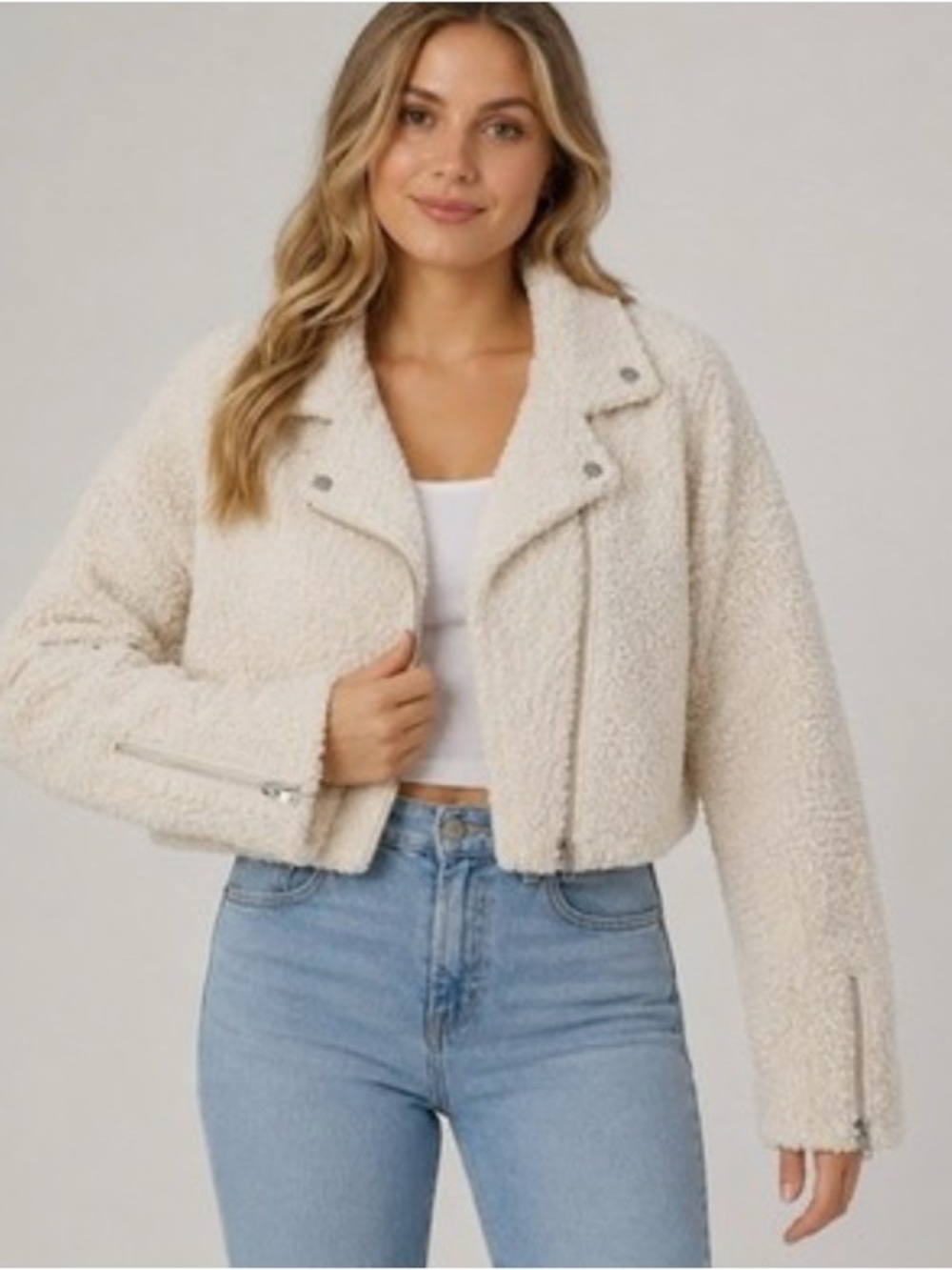 NWT Cream Sherpa Faux Fur Cropped Moto Jacket Size XS